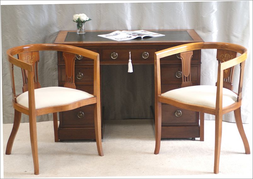2073 Small Antique Inlaid Pedestal Desk (3) with Chairs 9048